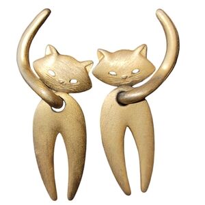 Vintage 1980's Signed JJ Goldtone Cat Earrings Body Head & Tail Move Whimsical